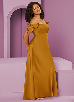 Barbie ♥ Azazie Bridesmaid Dresses Butterscotch Sheath Off the Shoulder Stretch Satin Convertible Dress image11