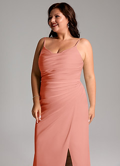 Azazie Deandra Bridesmaid Dresses Coral Mermaid Pleated Stretch Satin Dress image12