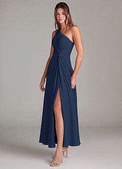 Azazie Brooke Robes de demoiselle d'honneur Robe Trapèze en Mousseline de soie Asymétrique Bleu Marine Foncé image3