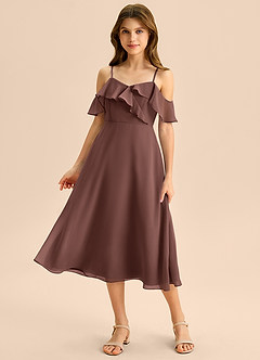 Azazie Kamilla Junior Abito A-Line in Chiffon a Spalla Scoperta Espresso image1