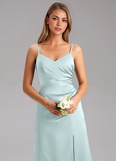 Azazie Azuree Bridesmaid Dresses Sea Glass A-Line Pleated Stretch Satin Dress image8