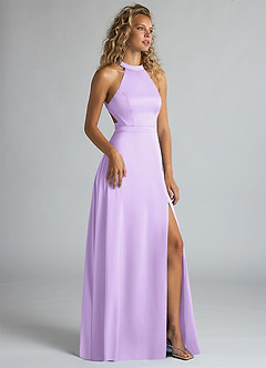 Azazie Clarice Bridesmaid Dresses Lilac A-Line High Neck Stretch Satin Dress image2