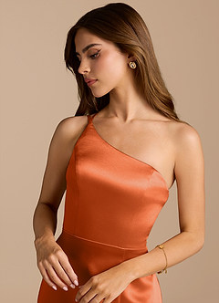 Azazie Trina Bridesmaid Dresses Burnt Orange A-Line One Shoulder Metallic Satin Dress image8