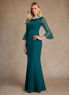 Azazie Bellevie Final Sale Peacock Sheath Beaded Stretch Crepe Dress image2