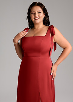 Azazie Frostine Bridesmaid Dresses Pomegranate A-Line Bow Stretch Satin Dress image12