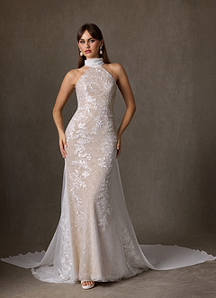 Azazie Kaiyana Abiti da Sposa Abito Tubino in Pizzo Collo Alto Diamante Bianco Nudo image3