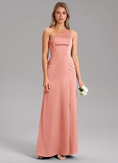 Azazie Feby Robes de demoiselle d'honneur Robe Trapèze en Satin extensible Ue épaule Corail image7