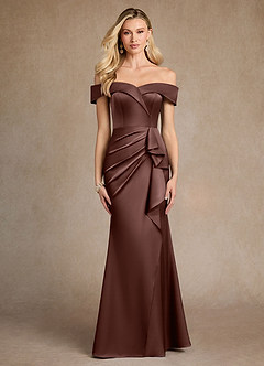 Azazie Laredo Vestidos para mãe da noiva Vestido Café Expresso de Cetim elástico de sereia com Fora do ombro image1