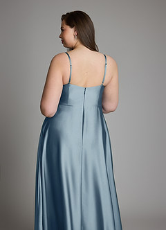 Azazie Amani At-home Try On Dresses Dusty Blue A-Line Pleated Stretch Satin Dress image12