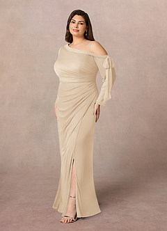 Azazie Marna Mother of the Bride Dresses Champagne Sheath One Shoulder Mesh Dress image2