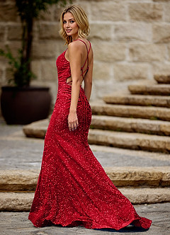 Luxey Red Velvet Sequins Prom Dress image4