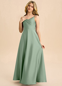 Azazie Bug Junior A-Linie Plissee Stretch-Satin Kleid Matcha image3