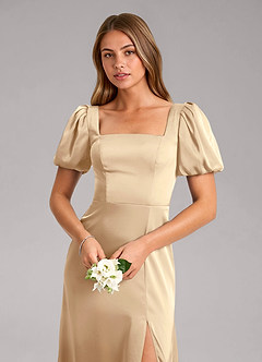 Azazie Fyona Bridesmaid Dresses Champagne A-Line Pleated Stretch Satin Dress image6