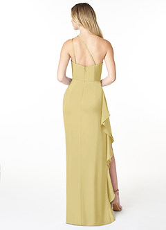 Azazie Latrice Bridesmaid Dresses Lemon Sorbet Sheath One Shoulder Cascading Ruffles Stretch Satin Dress image2