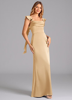 Azazie Adi Bridesmaid Dresses Gold A-Line Pleated Stretch Satin Dress image3