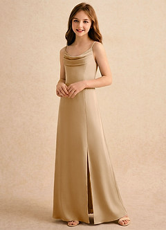 Azazie Shira Girls Formal Flower Girl Dresses Gold A-Line Pleated Stretch Satin Dress image3