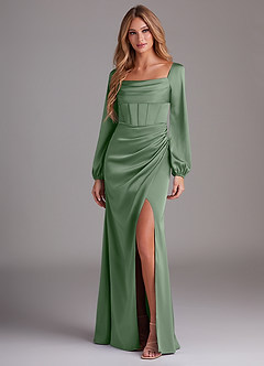 Azazie Charissa Bridesmaid Dresses Matcha Sheath Long Sleeve Stretch Satin Dress image4
