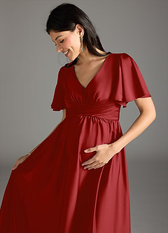 Azazie Verna Maternity Bridesmaid Dresses A-Line Ruched Stretch Satin Floor-Length Dress image1