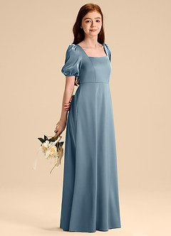 Azazie Briar Junior Dusty Blue A-Line Bow Stretch Satin Dress image4
