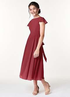 Azazie Payton Junior Pomegranate A-Line Bow Chiffon Dress image5