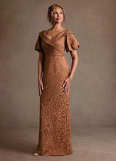 Azazie Amala vestidos de madre de la novia Vestido de Cacao Con Caramelo de Jacquard Floral de Corte Columna con Plisado image4