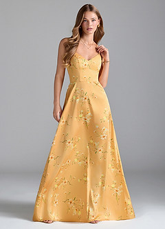 Azazie Mei Bridesmaid Dresses Golden Blooms A-Line V-Neck Stretch Satin Dress image1