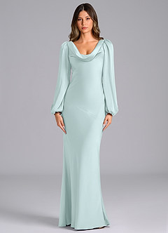 Azazie Melani Bridesmaid Dresses Sea Glass Mermaid Long Sleeve Stretch Satin Dress image1