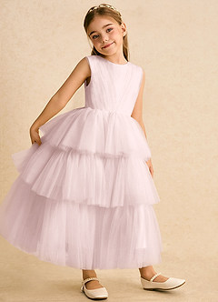 Azazie Marshmallow Flower Girl Dresses Blushing Pink Ball-Gown Bow Tulle Dress image4