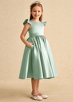 Azazie Dumpling vestidos de niña de las flores Vestido de Agave de Satin Mate de Corte En A con Lazo image4