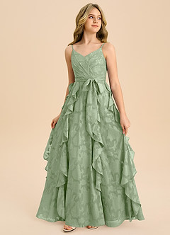 Azazie Peyton Junior A라인 주름진 플로럴 번아웃 플로어 길이 주니어 신부 들러리 드레스 image4