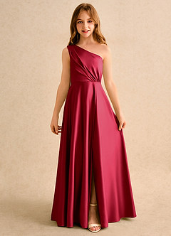 Azazie Puddles Girls Formal Blumenmädchenkleider A-Linie One-Shoulder Matte Satin Kleid Scharlachrot image4