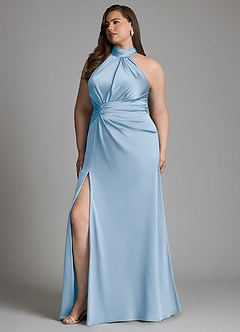 Azazie Gracelynn Bridesmaid Dresses Powder Blue Sheath Pleated Stretch Satin Dress image4