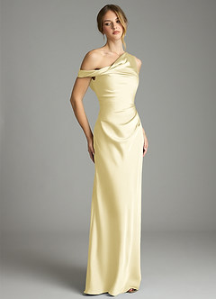 Azazie Emerson Bridesmaid Dresses Lemon Sorbet Mermaid Off the Shoulder Stretch Satin Dress image5