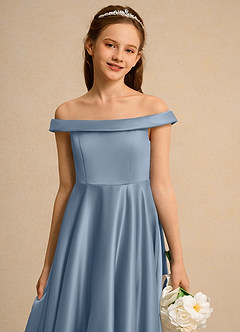 Azazie Teeny Junior Formal Jurken voor bloemenmeisjes A-Lijn Jurk van Mat Satijn Geplooid Stoffig Blauw image7