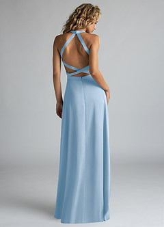 Azazie Clarice Abiti da Damigella Abito A-Line in Raso Elasticizzato Collo Alto Azzurro Polvere image3