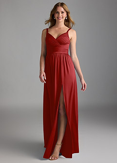 Azazie Chanel Bridesmaid Dresses Pomegranate A-Line Pleated Stretch Satin Dress image1