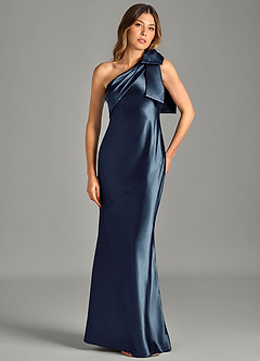 Azazie Yuanna Vestidos de damas de honor Vestido de Azul Marino Oscuro de Satén Metálico de Corte Sirena con Hombro unilateral image4