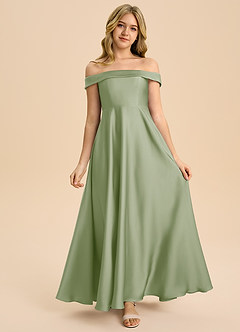 Azazie Sissy Junior Robe Trapèze en Satin extensible Épaule décolletée Vert Sauge image4