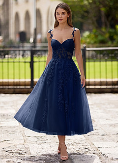 dark blue color dress for women Zosia Navy Lace A-line Lace Up Back Midi size:10 UK