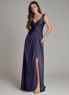 Azazie Pauline Robes de demoiselle d'honneur Robe Trapèze en Satin extensible Plissée Bleu Orageux image5