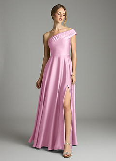 Azazie Melanie Vestidos de damas de honor Vestido Rosa Caramelo de Satén Elástico de Línea A con Hombros descubiertos image3