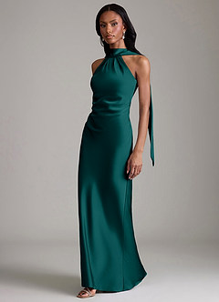 Azazie Cassiana Jurken voor bruidsmeisjes Jurk van Stretch Satijn met Zeemeermin Geplooid Pauw image5