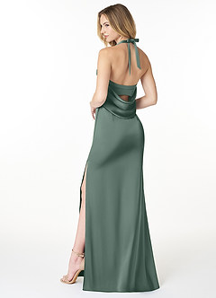 Azazie Myla Vestidos de damas de honor Vestido de Musgo Marino de Satén Elástico de Corte Recto con Ojo de cerradura de capucha image2