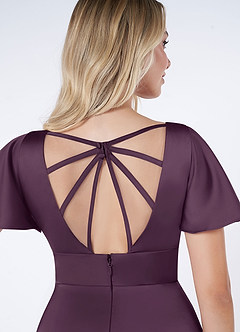 Azazie Lani Bridesmaid Dresses Plum A-Line Flounce Sleeve Stretch Satin Dress image3