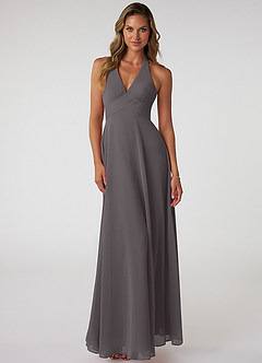 Azazie Tessie Robes de demoiselle d'honneur Robe Trapèze en Mousseline de soie Col V plissé Gris Acier image1