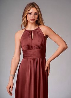 Azazie Bonnie Bridesmaid Dresses Terracotta A-Line Pleated Stretch Satin Dress image5