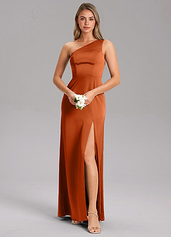 Azazie Feby Vestidos de damas de honor Vestido de Naranja Quemada de Satén Elástico de Corte en A con Hombro unilateral image1