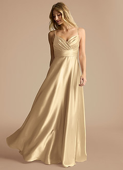 Azazie Oliana Bridesmaid Dresses Champagne A-Line Pleated Metallic Satin Dress image2