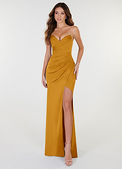 Azazie Yola Brautjungfernkleider Wandelbar Etui Plissee mit V-Ausschnitt Stretch-Satin Kleid Butterscotch image1