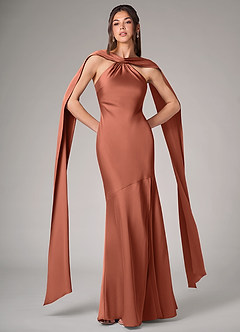 Azazie Kinsley Robes de demoiselle d'honneur Robe Sirène en Satin extensible Fente Latérale Argile image1